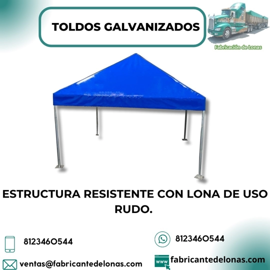 Toldos galvanizados, de estructura resistente con lona de uso rudo.